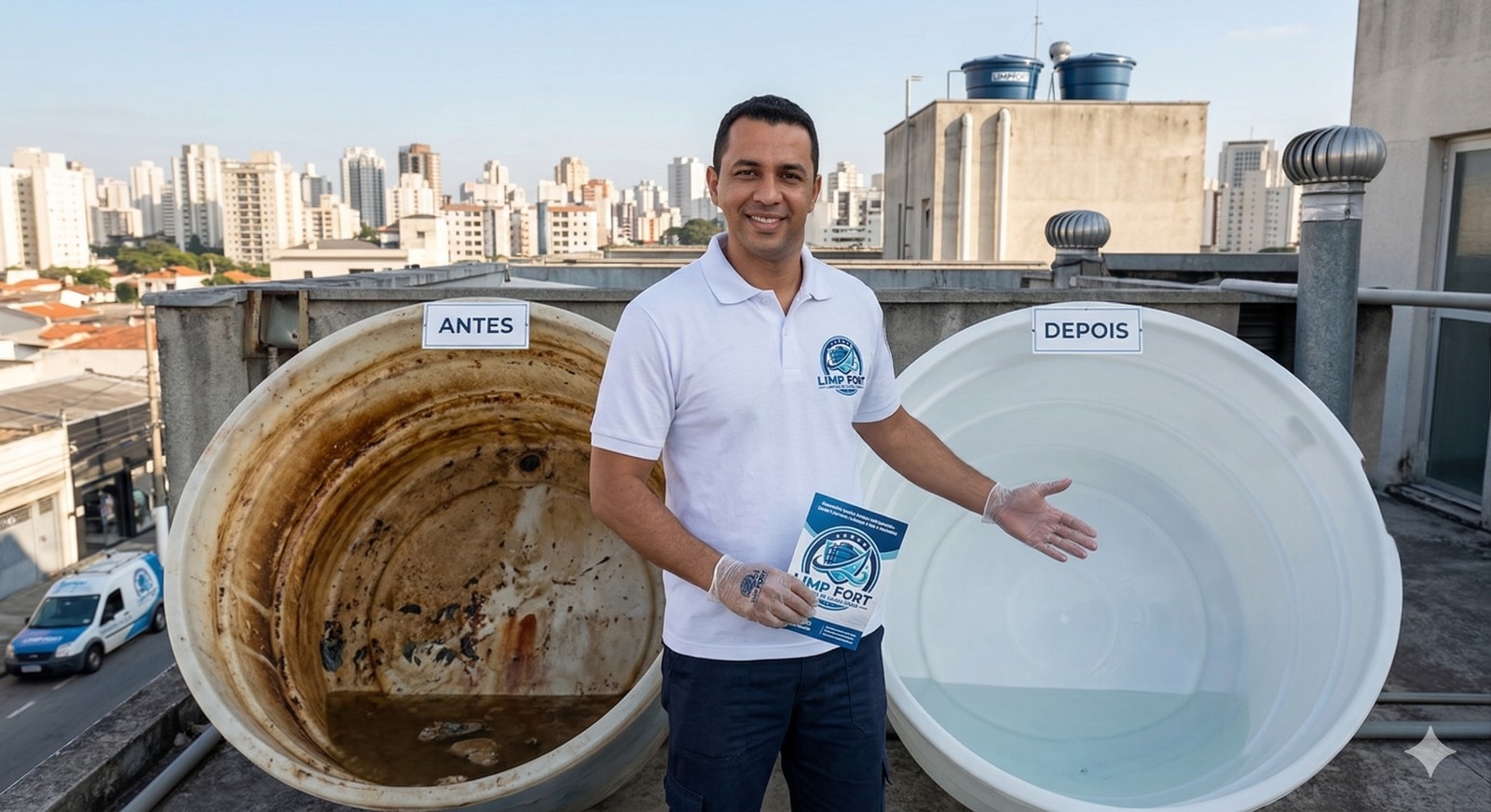 Antes e depois da limpeza de caixa d'água pela Limp Fort em São Paulo