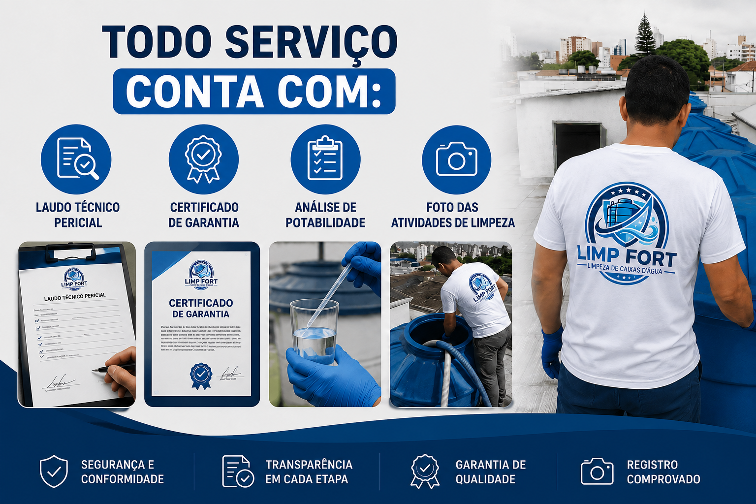 Todo serviço Limp Fort conta com laudo técnico pericial, certificado de garantia, análise de potabilidade e foto das atividades de limpeza